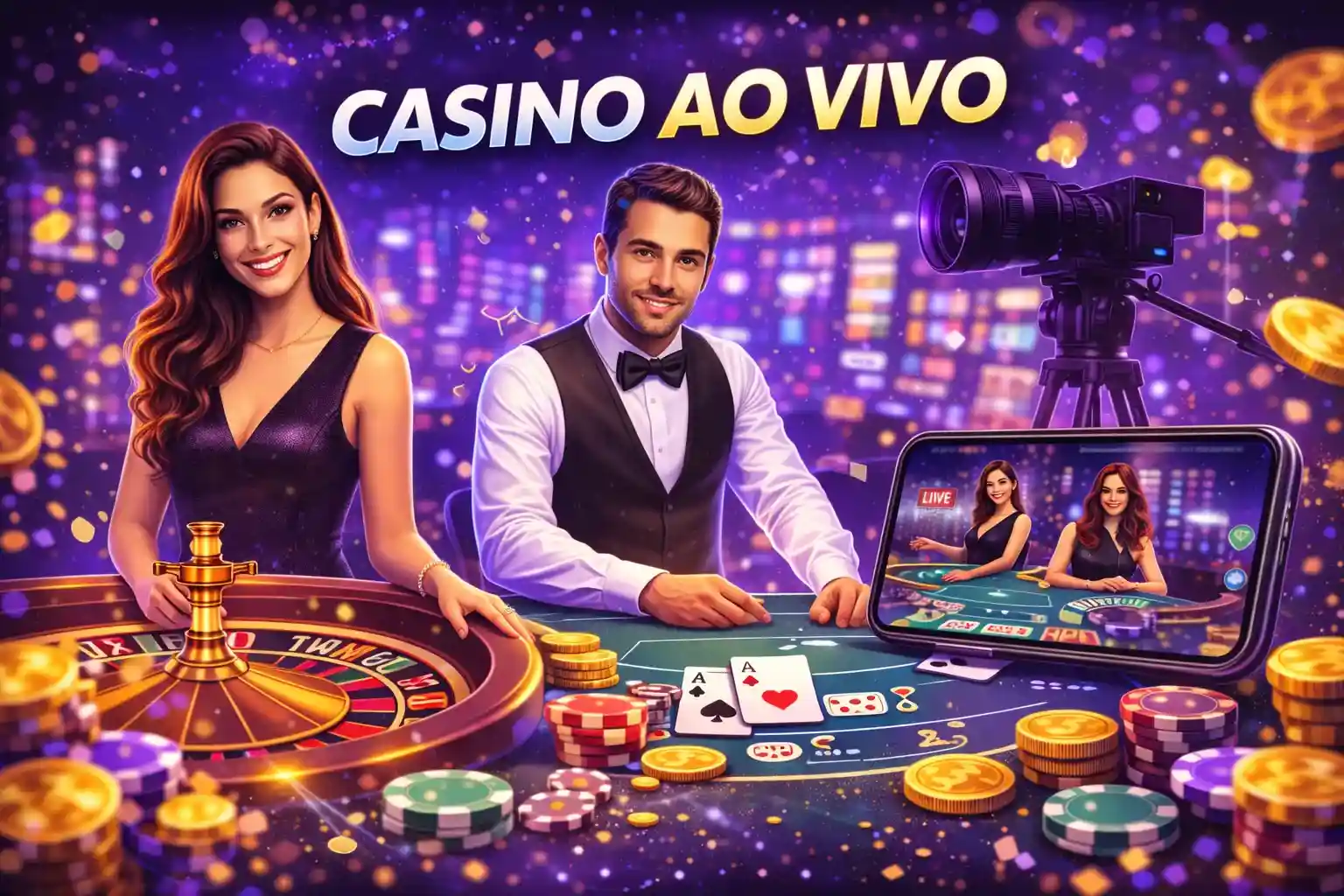 Banner cassino ao vivo com roleta blackjack e dealer em mesa