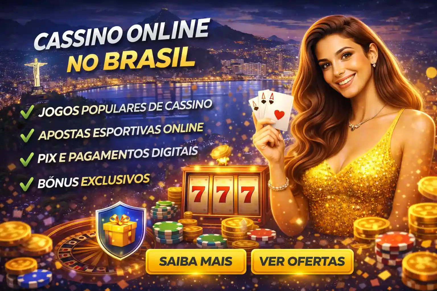 Banner cassino online no Brasil com fichas, roleta e jogadora