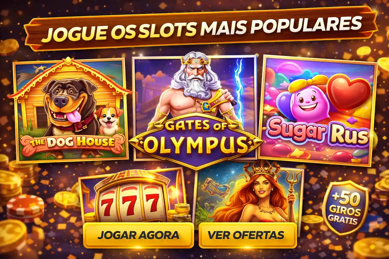 Colagem de slots populares no Brasil com jackpots e moedas