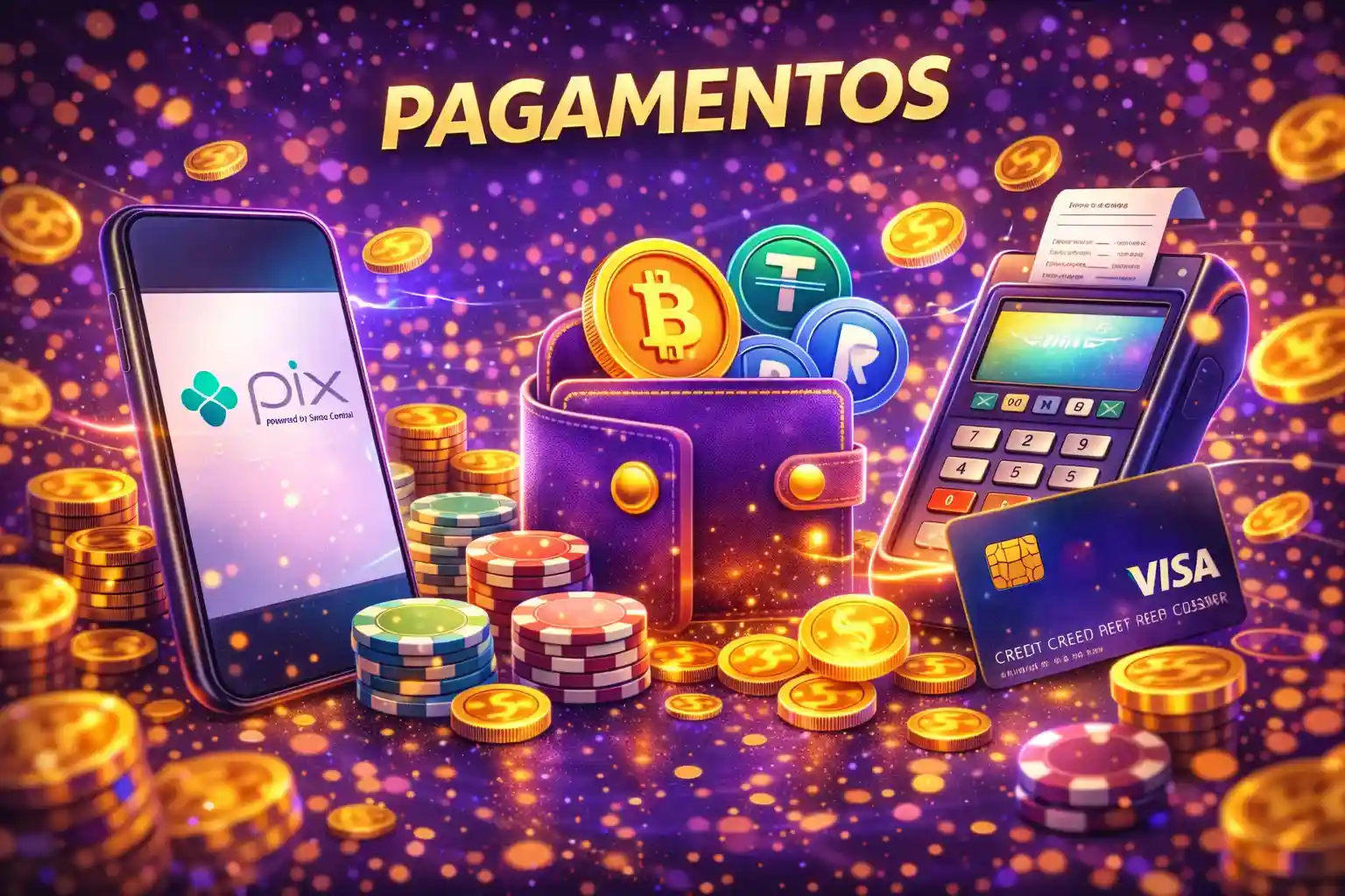 Banner pagamentos em cassino online com PIX cartões e celular